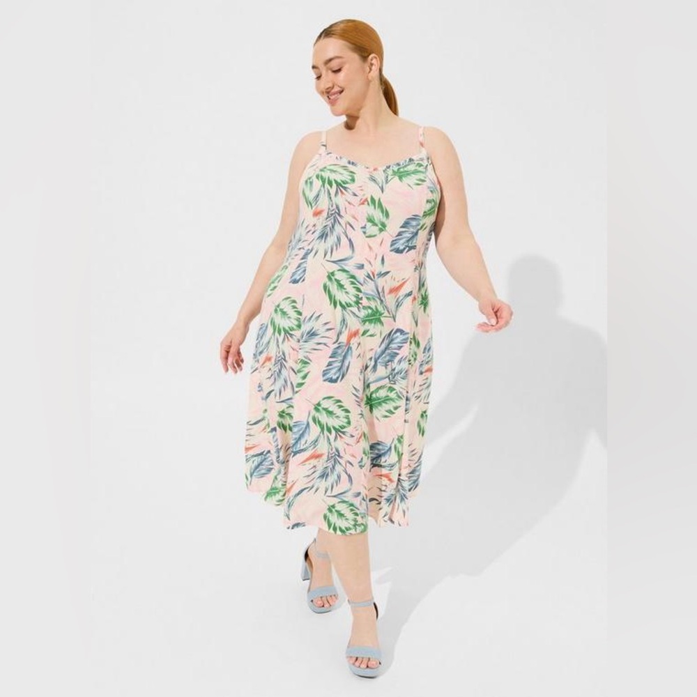 Torrid Midi Challis Sleeveless Trapeze Dress Tropical Palm Print Size 3 3X